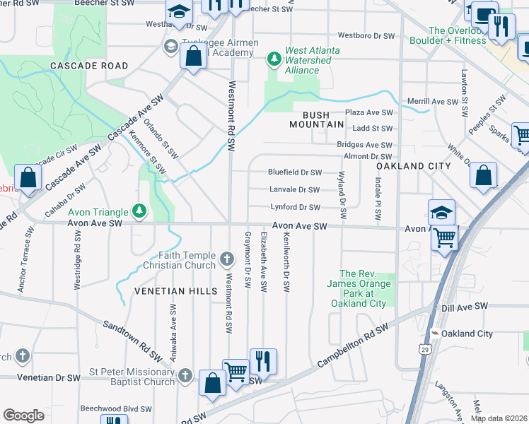 map of restaurants, bars, coffee shops, grocery stores, and more near 1436 Lynford Drive Southwest in Atlanta