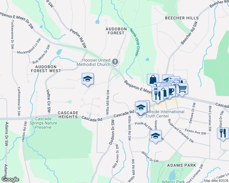 map of restaurants, bars, coffee shops, grocery stores, and more near 1411 Audubon Court Southwest in Atlanta