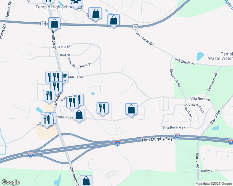 map of restaurants, bars, coffee shops, grocery stores, and more near 143 Breckenridge Pointe in Temple