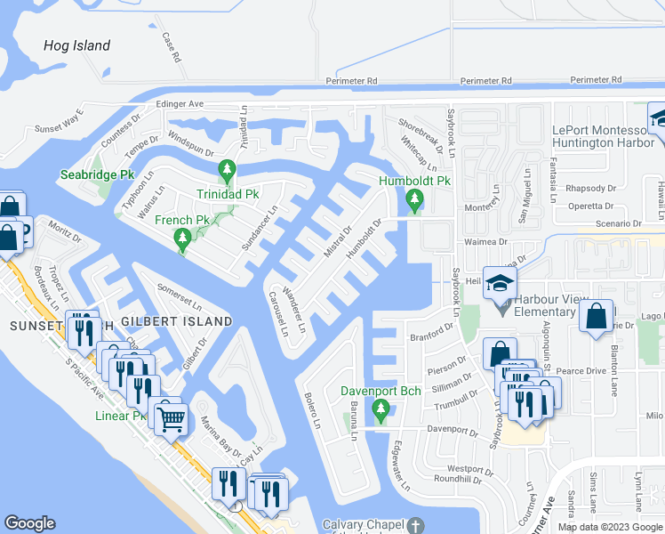 map of restaurants, bars, coffee shops, grocery stores, and more near 3899 Humboldt Drive in Huntington Beach
