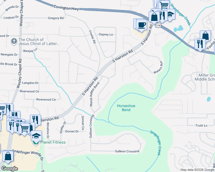 map of restaurants, bars, coffee shops, grocery stores, and more near 4606 Galleon Crossing in Decatur
