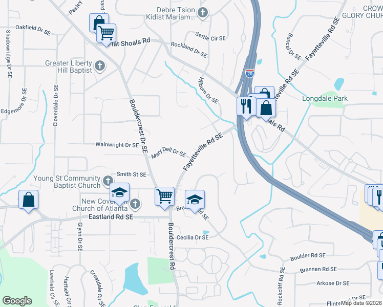 map of restaurants, bars, coffee shops, grocery stores, and more near 1157 Fayetteville Road Southeast in Atlanta