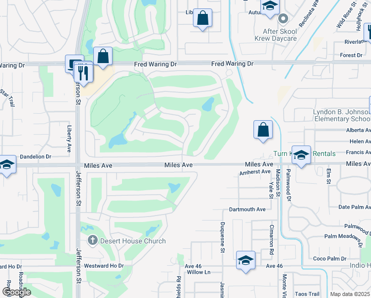 map of restaurants, bars, coffee shops, grocery stores, and more near 44660 South Heritage Palms Drive in Indio