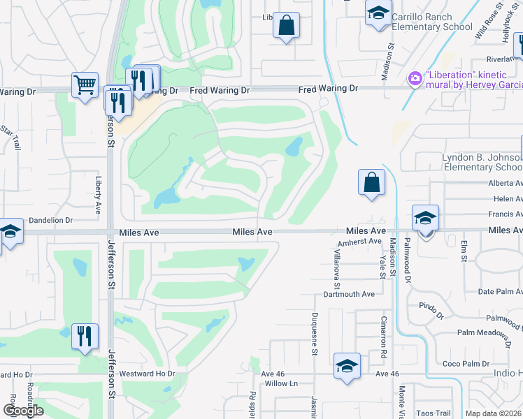 map of restaurants, bars, coffee shops, grocery stores, and more near 44660 South Heritage Palms Drive in Indio
