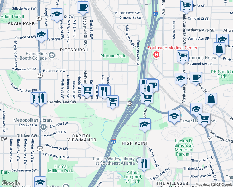 map of restaurants, bars, coffee shops, grocery stores, and more near 1162 Booker Avenue Southwest in Atlanta