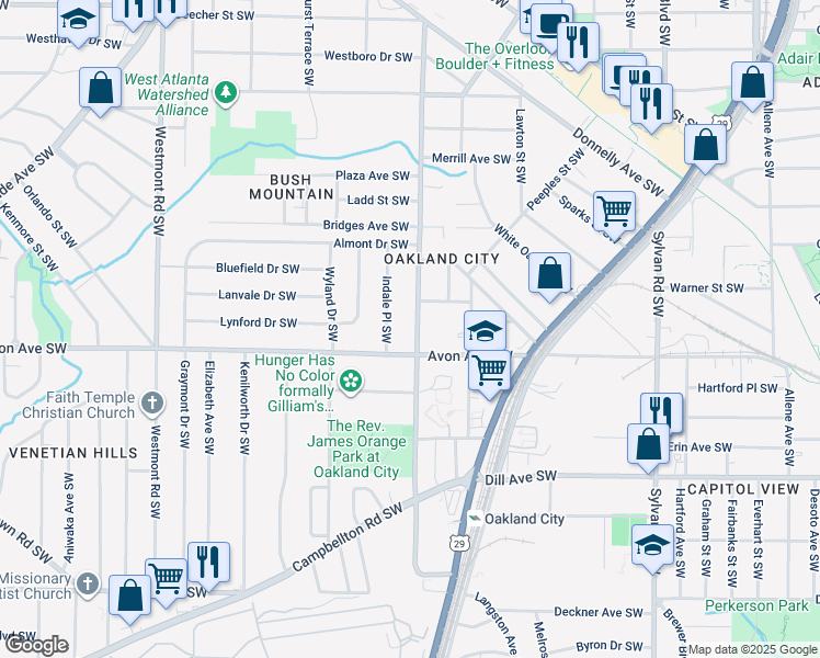 map of restaurants, bars, coffee shops, grocery stores, and more near 1167 Oakland Drive Southwest in Atlanta