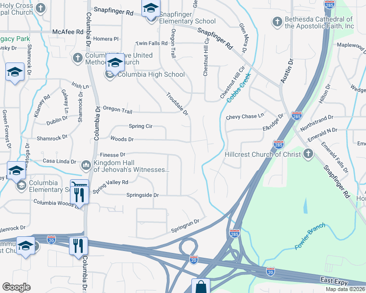 map of restaurants, bars, coffee shops, grocery stores, and more near 3556 Finesse Drive in Decatur