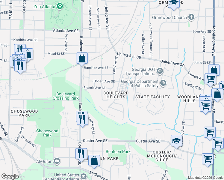 map of restaurants, bars, coffee shops, grocery stores, and more near 1171 Edie Avenue Southeast in Atlanta