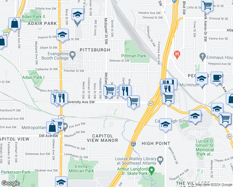 map of restaurants, bars, coffee shops, grocery stores, and more near 1161 Ira Street Southwest in Atlanta