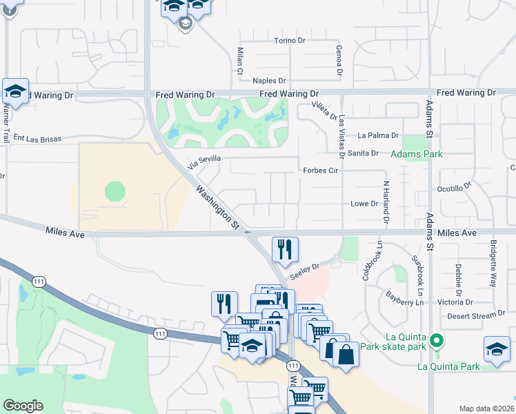 map of restaurants, bars, coffee shops, grocery stores, and more near 44830 Via Mirabel in La Quinta