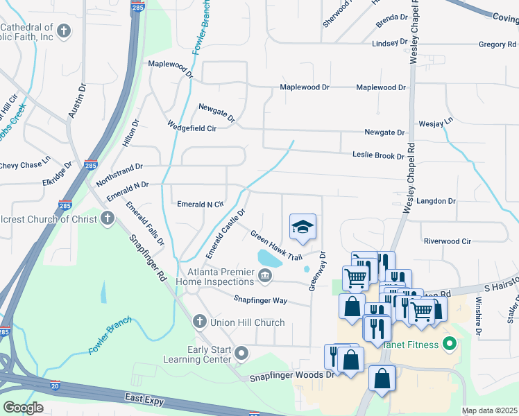 map of restaurants, bars, coffee shops, grocery stores, and more near 2235 Chamois Court in Decatur