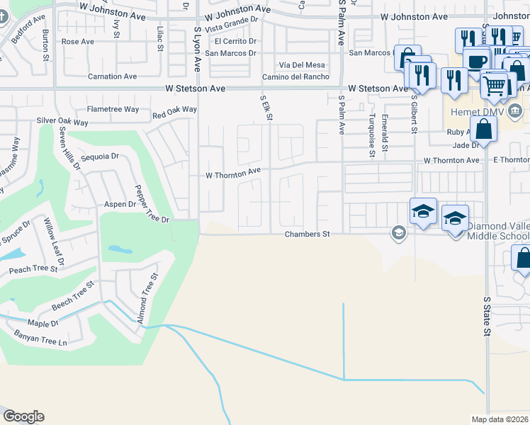 map of restaurants, bars, coffee shops, grocery stores, and more near 1432 Carolina Court in Hemet