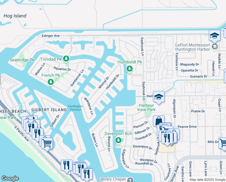 map of restaurants, bars, coffee shops, grocery stores, and more near 16452 Barnstable Circle in Huntington Beach