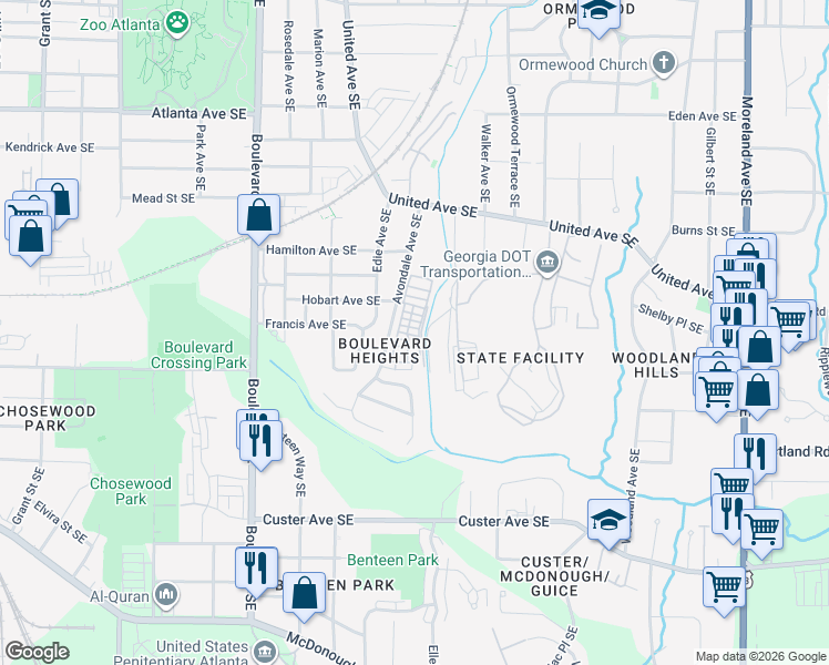 map of restaurants, bars, coffee shops, grocery stores, and more near 775 Aerial Way in Atlanta