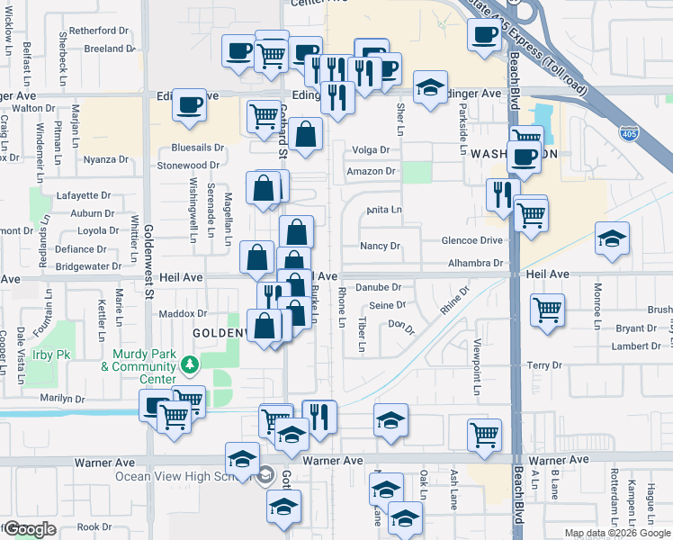 map of restaurants, bars, coffee shops, grocery stores, and more near 16471 Rhone Lane in Huntington Beach