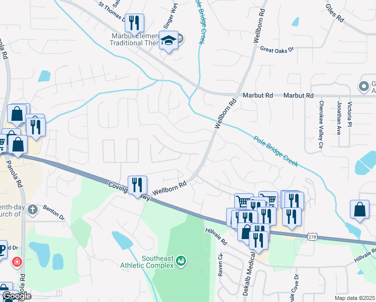 map of restaurants, bars, coffee shops, grocery stores, and more near 5816 Wind Gate Ln in Lithonia