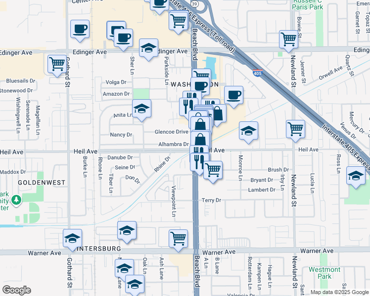 map of restaurants, bars, coffee shops, grocery stores, and more near 7942 Alhambra Drive in Huntington Beach