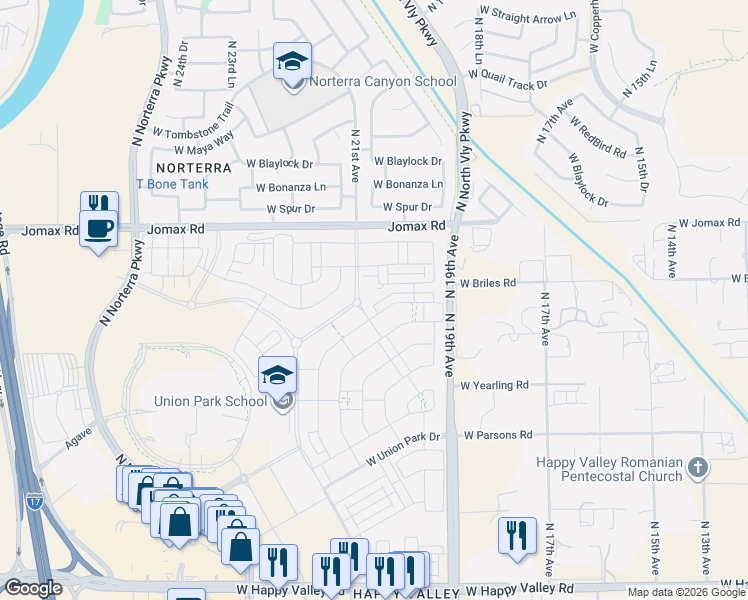 map of restaurants, bars, coffee shops, grocery stores, and more near West Jomax Road in Phoenix