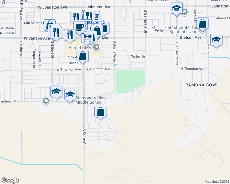 map of restaurants, bars, coffee shops, grocery stores, and more near 26 South Buena Vista Street in Hemet