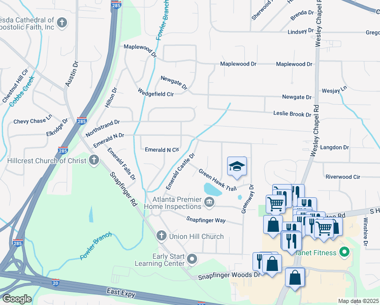 map of restaurants, bars, coffee shops, grocery stores, and more near 2231 Emerald Castle Drive in Decatur