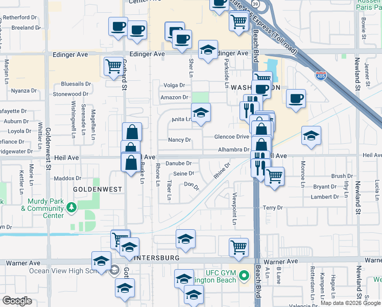 map of restaurants, bars, coffee shops, grocery stores, and more near 7682 Alhambra Drive in Huntington Beach