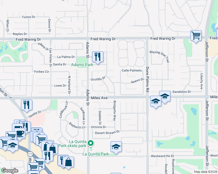 map of restaurants, bars, coffee shops, grocery stores, and more near 44830 Fronterra Drive in La Quinta