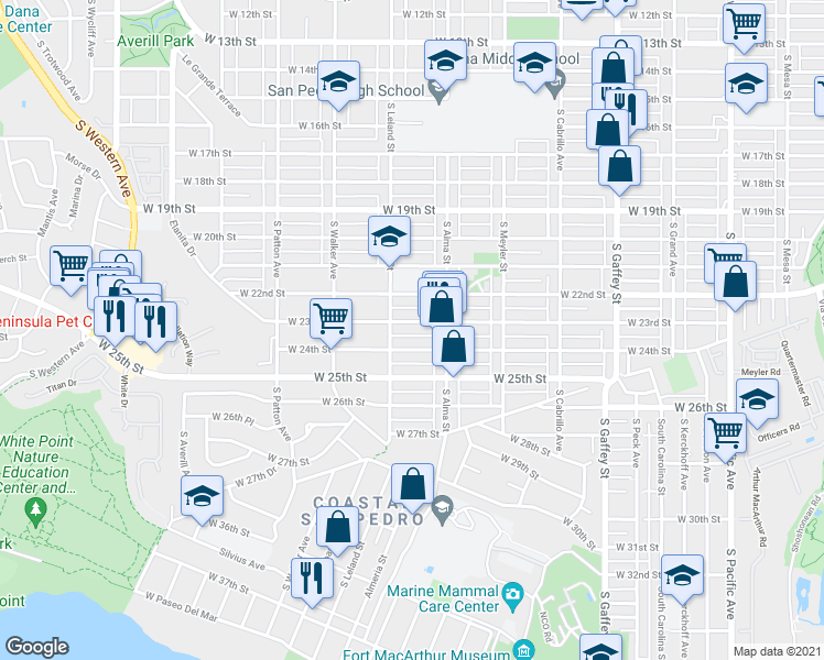 map of restaurants, bars, coffee shops, grocery stores, and more near 1061 West 23rd Street in Los Angeles