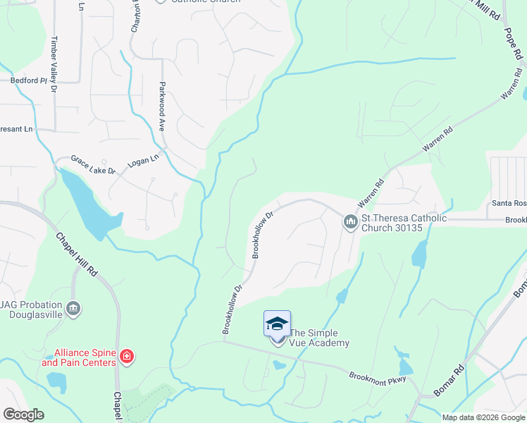 map of restaurants, bars, coffee shops, grocery stores, and more near 5282 Brookhollow Drive in Douglasville