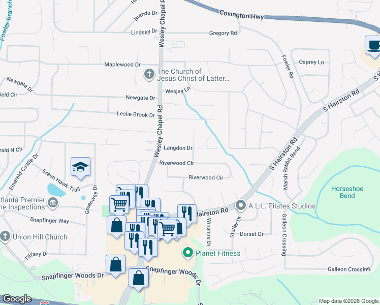 map of restaurants, bars, coffee shops, grocery stores, and more near 4353 Langdon Drive in Decatur