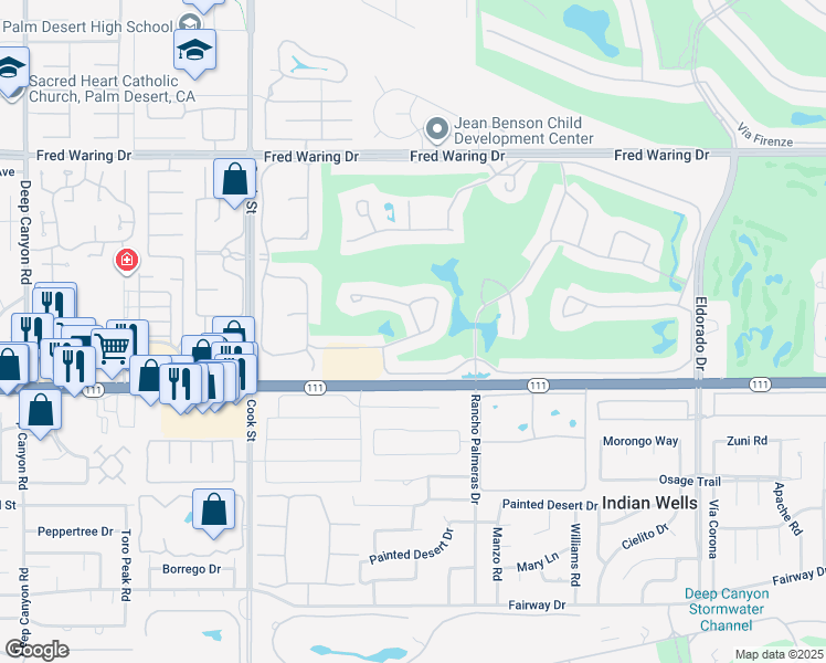 map of restaurants, bars, coffee shops, grocery stores, and more near 75425 Saint Andrews Court in Indian Wells
