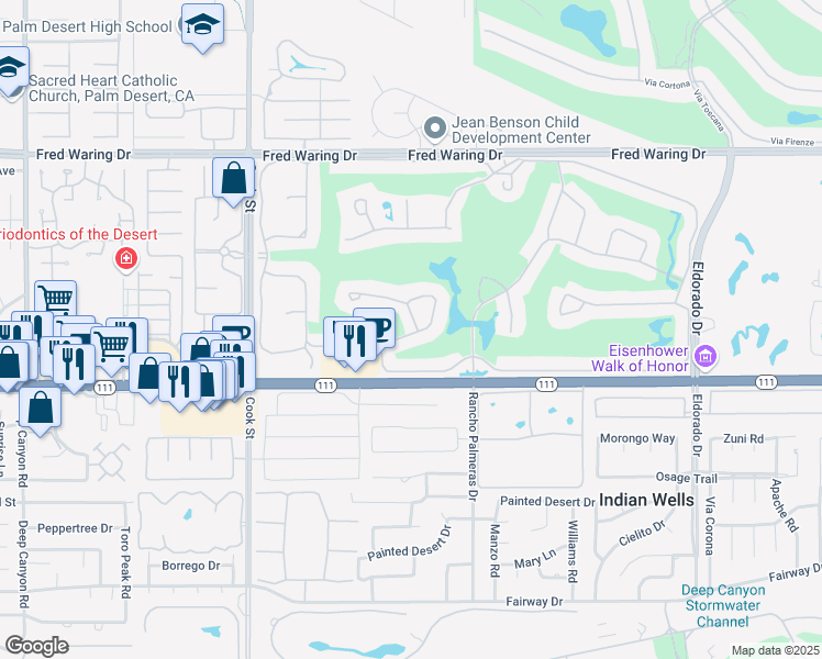 map of restaurants, bars, coffee shops, grocery stores, and more near 75425 Saint Andrews Court in Indian Wells
