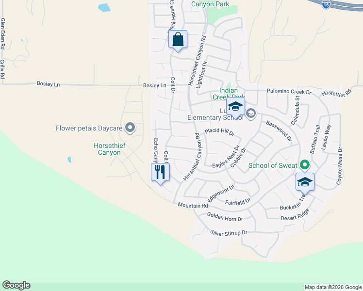 map of restaurants, bars, coffee shops, grocery stores, and more near 13176 Gold Rush Drive in Corona