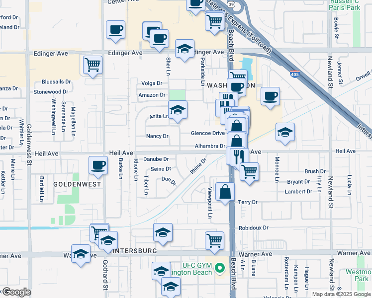 map of restaurants, bars, coffee shops, grocery stores, and more near 7772 Alhambra Drive in Huntington Beach