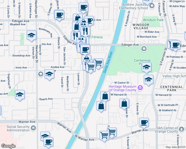 map of restaurants, bars, coffee shops, grocery stores, and more near 16560 Harbor Boulevard in Fountain Valley