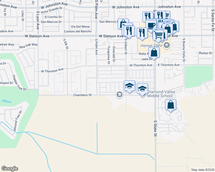 map of restaurants, bars, coffee shops, grocery stores, and more near 806 Saint Barthelemy Drive in Hemet