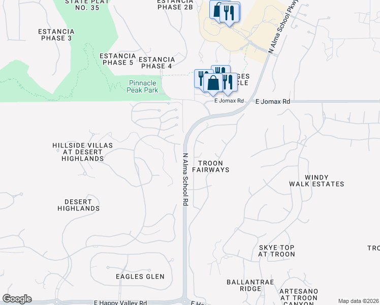 map of restaurants, bars, coffee shops, grocery stores, and more near 26202 North 104th Place in Scottsdale