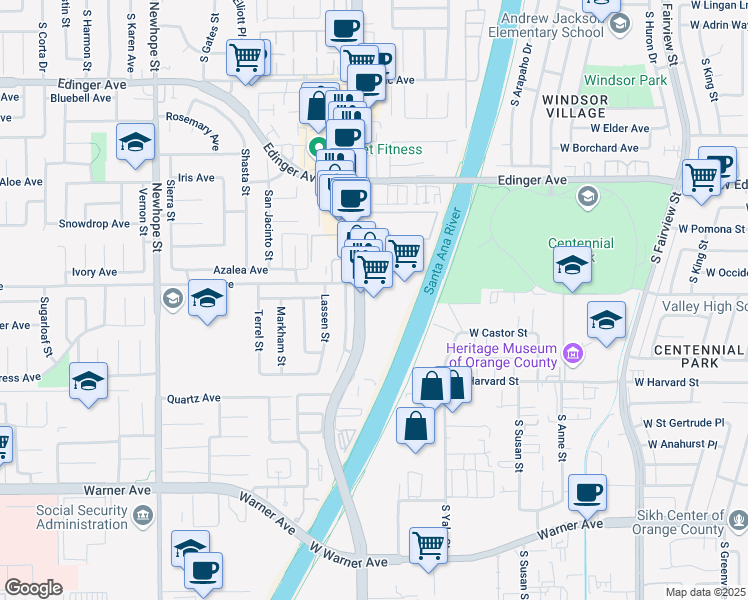 map of restaurants, bars, coffee shops, grocery stores, and more near 16560 Harbor Boulevard in Fountain Valley