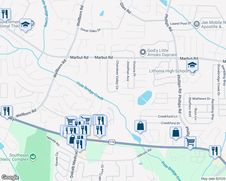 map of restaurants, bars, coffee shops, grocery stores, and more near 2242 Cherokee Valley Circle in Lithonia