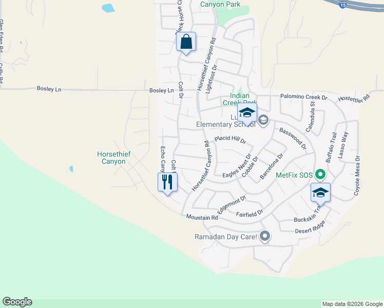 map of restaurants, bars, coffee shops, grocery stores, and more near 13176 Gold Rush Drive in Corona