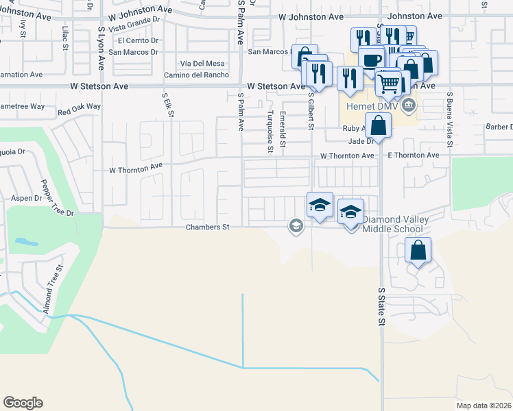 map of restaurants, bars, coffee shops, grocery stores, and more near 806 Saint Barthelemy Drive in Hemet
