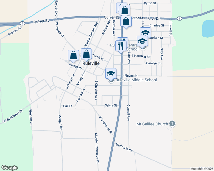 map of restaurants, bars, coffee shops, grocery stores, and more near 250 Oscar Street in Ruleville
