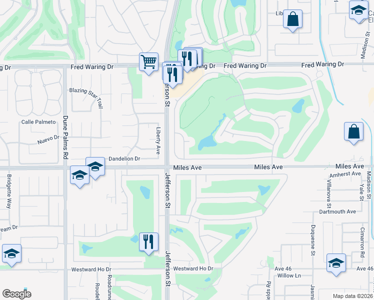 map of restaurants, bars, coffee shops, grocery stores, and more near 80152 Royal Birkdale Drive in Indio