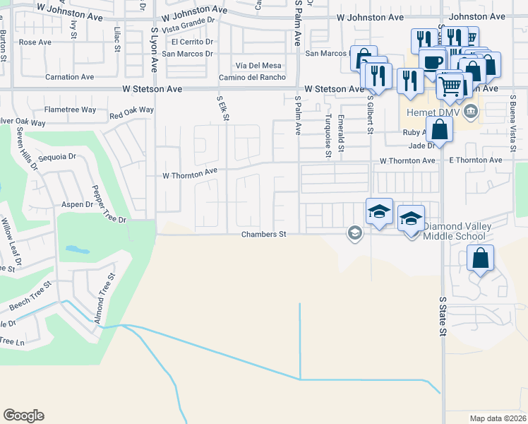 map of restaurants, bars, coffee shops, grocery stores, and more near 1430 Monument Street in Hemet