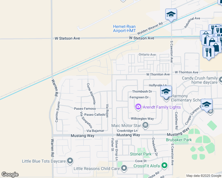 map of restaurants, bars, coffee shops, grocery stores, and more near 1399 Fisher Street in Hemet