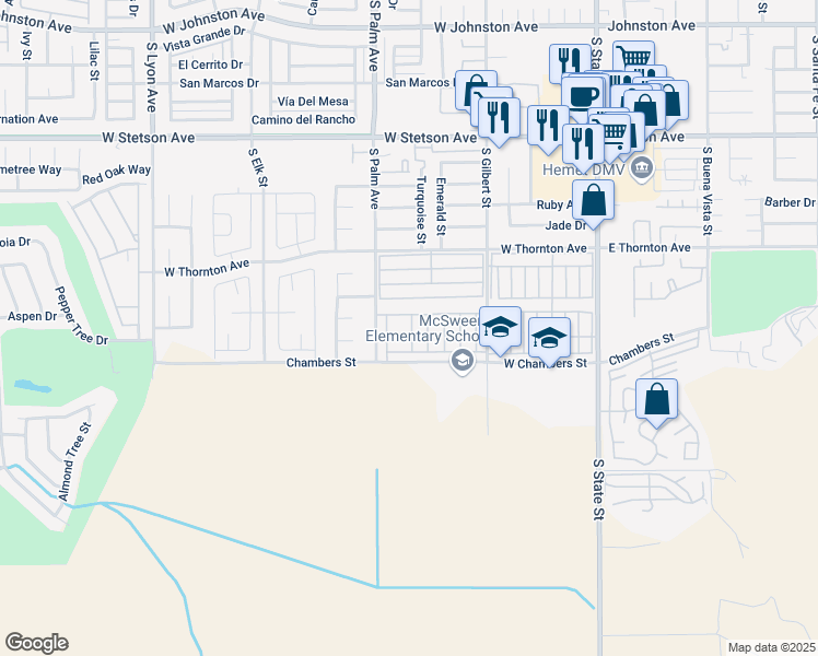 map of restaurants, bars, coffee shops, grocery stores, and more near 806 Saint Barthelemy Drive in Hemet