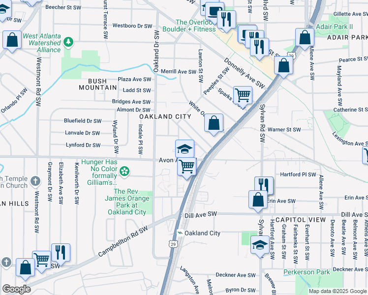 map of restaurants, bars, coffee shops, grocery stores, and more near 1124 Larosa Terrace Southwest in Atlanta