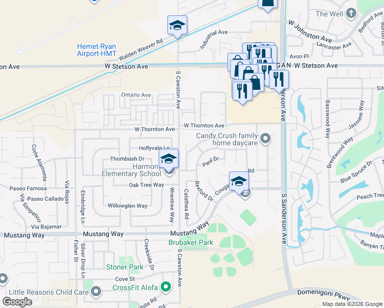 map of restaurants, bars, coffee shops, grocery stores, and more near 4159 Roxbury Drive in Hemet