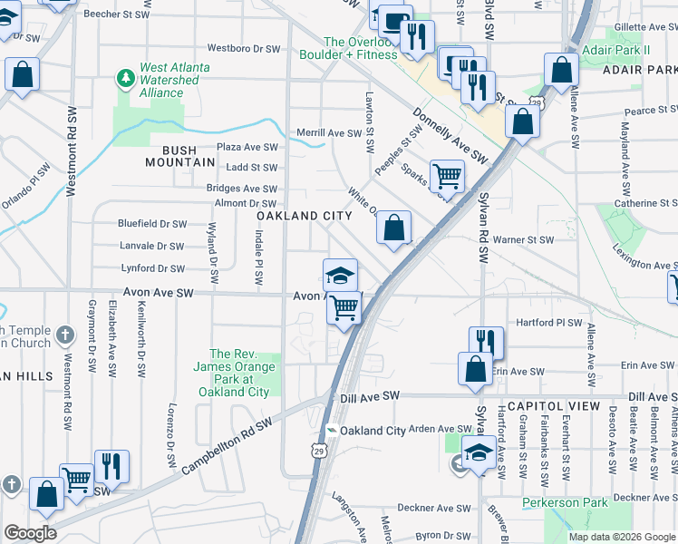 map of restaurants, bars, coffee shops, grocery stores, and more near 1124 Larosa Terrace Southwest in Atlanta