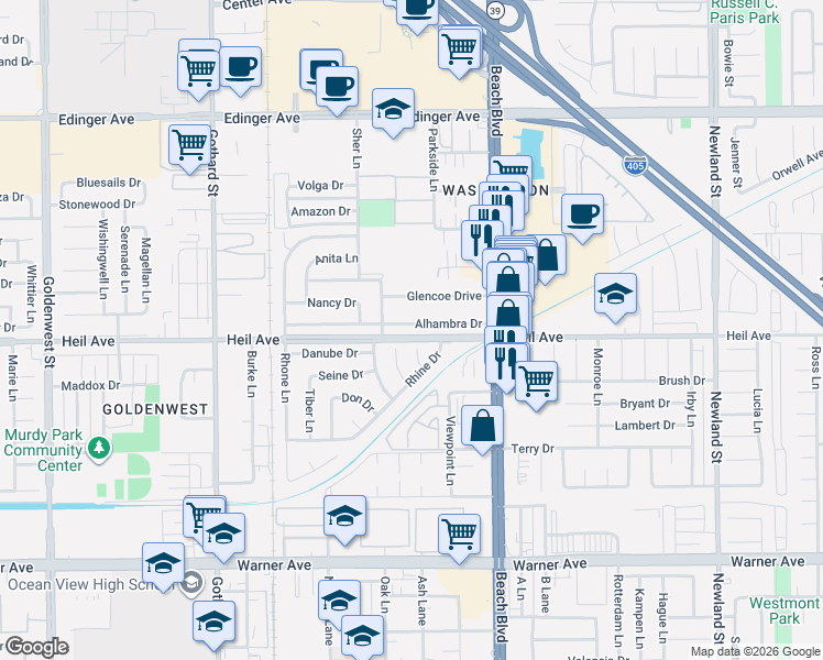 map of restaurants, bars, coffee shops, grocery stores, and more near 7772 Alhambra Drive in Huntington Beach