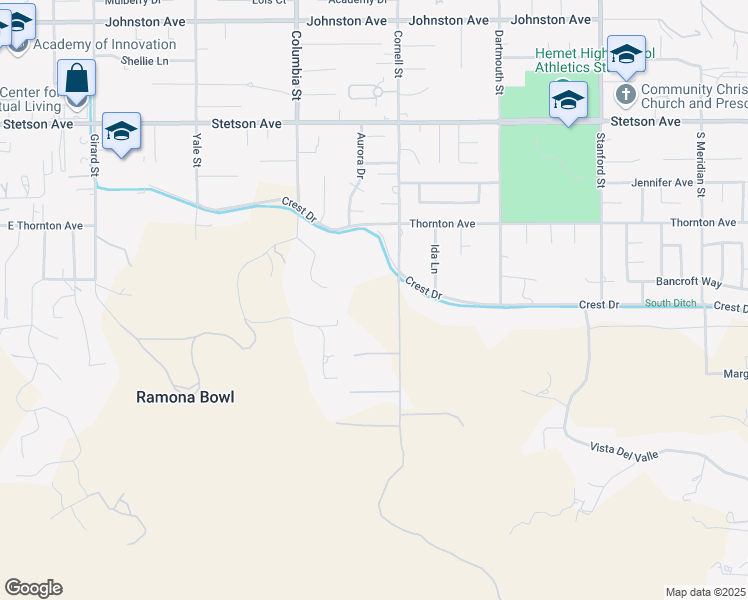 map of restaurants, bars, coffee shops, grocery stores, and more near 27475 Cornell Street in Hemet